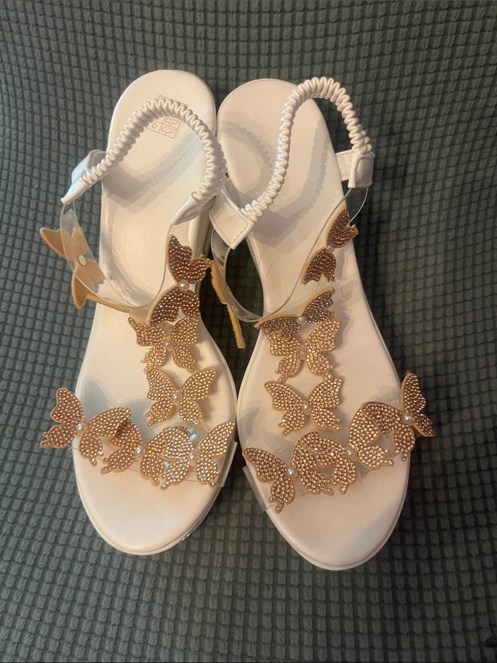 White Women's Sandals with Gold Butterfly Accents